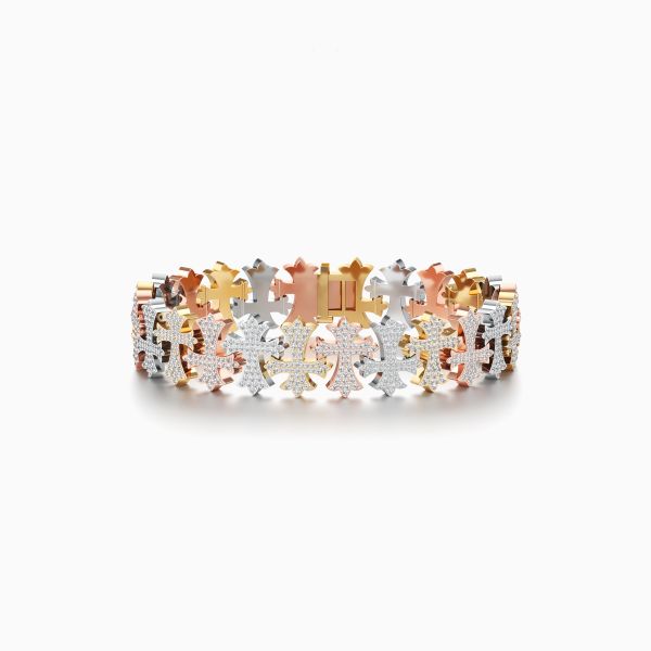 Deco Cross Link Diamond Bracelet in TriTone 10k Gold