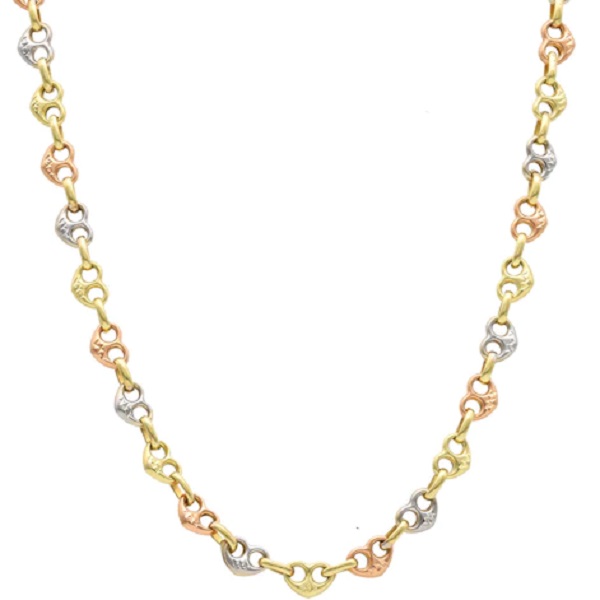 Three Tone Gold Puff Mariner Heart Chain